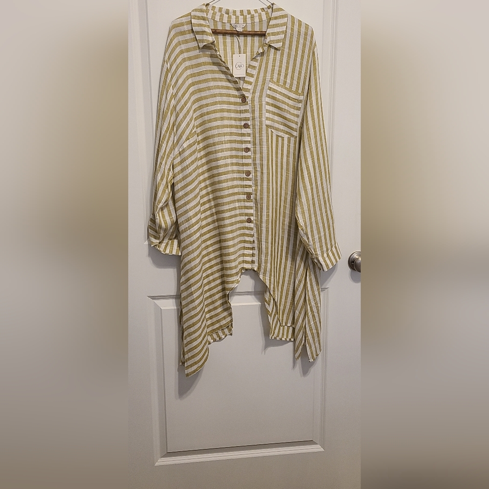 Striped Oversized Button-Up Tunic Top - Yellow Stripe